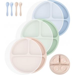 Kal-Assiette Ventouse Pour Bébé,Lot De 3 Assiettes À Ventouse En Silicone Avec Compartiments Et Couvercle, Ensemble D'alimentation Pour Les Tout-Petits Et L'auto-Alimentation - Neuf