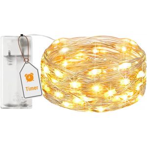 KAL-Guirlande Led À Pile Avec Minuterie, 2M 20 Led Petite Fairy Lights En Fil D'Argent, Ip65 Étanche Guirlande Lumineuse Pile Pour Décoration Chambre Noël Maison Halloween Blanc Chaud - Neuf