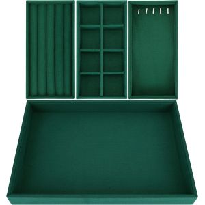 Tianyi-4 Plateau Bijoux Empilable En Velours Vert - 35,3 X 24,2 Cm - Rangement Bijoux Tiroir - Sections Amovibles Pour Colliers, Bagues, Bracelets Et Boucles D`Oreilles - Neuf