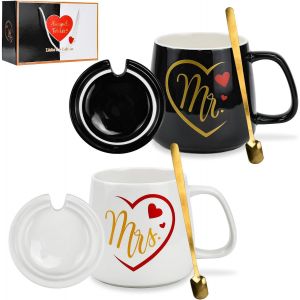Eryi-2 Pcs Mr Mrs Tasses Couple Amoureux Avec Couvercle Et Cuillère, Ensemble Mug Couple Café En Céramique, Idee Cadeau Couple Tasses À Café Pour Cadeaux De Noel Saint-Valentin Mariage Anniversaire - Neuf
