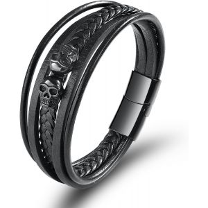 Eryi-Bracelet En Cuir Homme Bracelet Tête De Mort Tressé Acier Inoxydable 21cm - Neuf