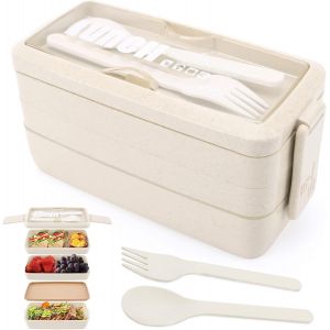 Bo&icirc;te &Agrave; Lunch 3 Couches, Bo&icirc;te &Agrave; Bento 4 En 1 Avec Fourchette Et Cuill&egrave;re, Bo&icirc;te De Rangement Alimentaire De 1000 Ml Pour Hommes, Femmes, &Eacute;tudiants, Passe Au Lave-Vaisselle Au Micro-Ondes (Beige) - Neuf