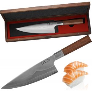 Jexnovashop-Couteau De Chef Japonais Gyuto &iquest; Lame Damas 7 Couches, Tranchant En V Professionnel 12-15&deg;, Manche Bois De S&eacute;quoia Rouge Et Coffret En Acacia &iquest; Couteau De Cuisine Premium - Neuf