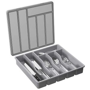 Organisateur d'argenterie a 6 compartiments avec couvercle, boite de rangement en plastique pour couverts - Neuf