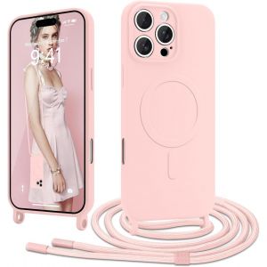 Eryi-Coque Magnétique Pour Iphone 16 Pro Max Avec Cordon De Collier Réglable Housse De Protection Compatible Avec Magsafe En Silicone Tpu Etui Case Ultra Fine Pour Iphone 16 Pro Max Rose - Neuf