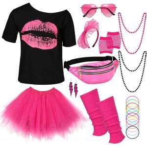 Ensemble De Tenues Des Ann&eacute;es 80 Pour Femme - T-Shirt, Jupe En Tulle, Lunettes De Soleil En Forme De C?Ur, Bandeau, Gants En R&eacute;sille, Collier, Sac Ventral, Boucles D'oreilles, Chauffe-Jambes - Neuf