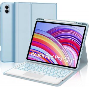 Coque Clavier Pour Redmi Pad Pro 12.1 Pouces Avec Pav&eacute; Tactile, Azerty Fran&ccedil;ais Clavier Bluetooth Magn&eacute;tique D&eacute;tachable Avec 7 Couleurs R&eacute;tro&eacute;clair&eacute;es Pour Xiaomi Poco Pad 12.1"" 2024, Bleu Ciel - Neuf