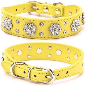 Kal-Collier Pour Chien Avec Strass - Jolie Fleur Et Strass - Collier En Cuir Synthétique - Réglable - Tailles S, M Et L - Jaune - Neuf