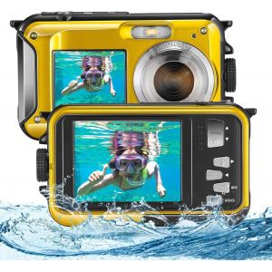 Appareil Photo Etanche Numérique,Full HD 2.7K 48MP Caméra sous-Marine Zoom Digital 16x Camera Etanche avec Double écran Caméra pour Adolescents Élèves Débutants Jaune - Neuf