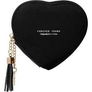 CAUC-Funincrea Porte Monnaie Femme, Mini Porte Monnaie en Cuir PU Sac &agrave; Monnaie avec Fermeture &Eacute;clair, Petite Pochette &agrave; Monnaie en Forme de Coeur avec Porte-Cl&eacute;s pour Ranger la Monnaie (Noir) - Neuf