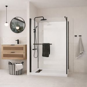 Cabine de Douche &agrave; l'Italienne 120x90 - Colonne Thermostatique Noire et Receveur Bas Effet Pierre - Neuf