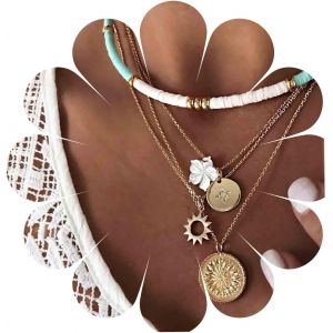 Kal-Boho Couches Heishi Surfer Collier Ras Du Cou Blanc Heishi Perle Collier Ras Du Cou Coin Disque Pendentif Collier Étanche Soleil Fleur Collier Chaîne Bijoux Pour Femmes Et Filles - Neuf