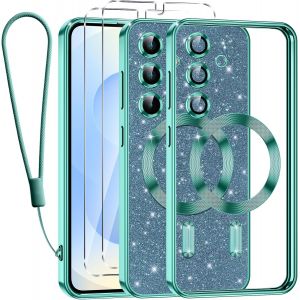 SJZG-Glitter Magn&eacute;tique Pour Samsung Galaxy S25 5G Con Cordon, [Compatible Avec Magsafe] Antichoc Brillant Paillet&eacute; Housse Transparent Souple Coque Pour Samsung S25 Avec 2 Verre Tremp&eacute; &Eacute;tui, Vert - Neuf