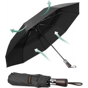 Tianyi-Parapluie Pliant Automatique Compact, Parapluie Solide Homme De Voyage, Rev&ecirc;tement En T&eacute;flon 210t, Anti-Temp&ecirc;te, Double Toit Coupe-Vent Ventil&eacute;, Poign&eacute;e En Bois V&eacute;ritable - Neuf