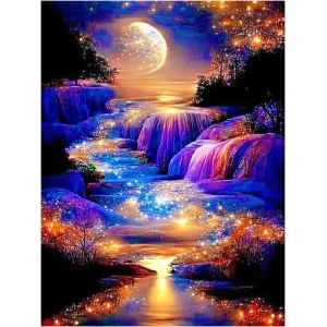 Ayuhr-Peinture Diamant 40 X 50 Cm - Cascade - Paillettes - Multicolore - Violet - Diamant - Paysage - Lune - Broderie Au Point De Croix - Peinture Diamant - Art - Photos - Cadeau - Décoration - Neuf