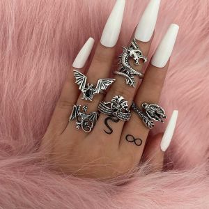 Kahfl-Gothique Dragon Anneaux Argent Sculpté Animal Anneaux Vintage Bat Knuckle Anneaux Punk Dragon Doigt Bague Ensemble Bijoux Pour Femmes Et Filles - Neuf
