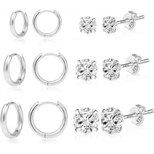 Tianyi-Ensemble Combin&eacute; De Boucles D'oreilles Et De Clous En Argent Sterling Pour Femme, Cr&eacute;oles &Eacute;paisses Brillantes En Or 14 Carats Et Petits Clous Pour Plusieurs Piercings (6 Paires) - Neuf