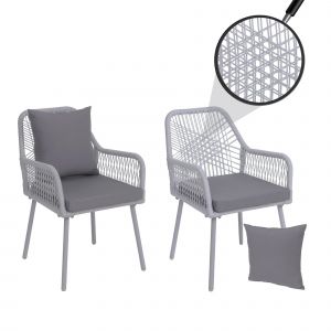 Lot De 2 Chaises De Jardin Hwc-O12, Coussins D'assise/De Dossier D'ext&eacute;rieur, Tressage En Corde D'aluminiumGris Clair, Rev&ecirc;tement Gris Clair - Neuf