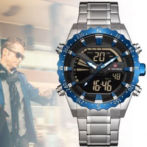 Montre-Bracelet Electronique Naviforce Pour Homme, Etanche, Avec Bracelet En Acier (Boitier Blanc Et Bleu) - Neuf