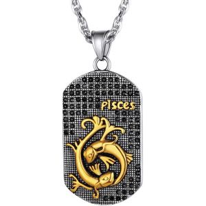 Kal-Collier Zodiaque Poissons Acier Homme-Pendentif Plaque Militaire Signe Astrologique Poissons Plaqu&eacute; Or Et En Strass Brillante-Bijoux 12 Constellations Pas Cher Avec Cha&icirc;ne Gratuite R&eacute;glabel 55-60 - Neuf