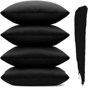 Cauc-Lot De 4 Housses De Coussin D&eacute;coratives Carr&eacute;es Solides En Velours Doux Avec Fermeture &Eacute;clair Invisible Pour Canap&eacute;, Voiture, Terrasse, Chambre &Agrave; Coucher, Salon - 60 X 60 Cm - Noir - Neuf
