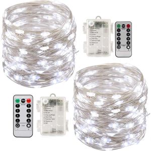 JGD-2 x10m Guirlande LED Lumineuse &agrave; Pile 100 LEDs Fonction Minuterie avec T&eacute;l&eacute;commande IP65 Etanche D&eacute;coration int&eacute;rieur et ext&eacute;rieur pour No&euml;l Mariage Soir&eacute;e Maison Jardin (blanc) - Neuf