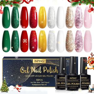 Vernis Semi Permanent Noël,10 Couleurs Rouge Vert Rose Or Blanc Argenté Pailleté Vert Vernis Gel Uv Semi Permanent,Style Noël Vernis À Ongles Pour Débutant Cadeaux Diy Nail Art, 8 Ml - Neuf