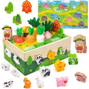 KAL-Jouet Montessori Enfants 2 3 4 Ans, Jeu De Ferme Récolte De Carottes Jouet En Bois, Cubes À Emboîter Tri & Empilage Jouets, Jouets Éducatif Montessori Puzzle En Bois, Jouet De Motricité Bébé - Neuf