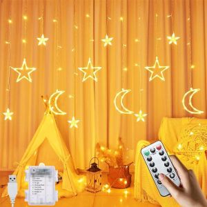 JGD-Rideau Lumineux Étoile Lune,3.5M Lune Rideau Lumineux Ramadan,Étoiles Lune Rideau Lumières,8 Modes De Régulation,LED Guirlande Lumineuse Étoiles,Guirlande Lumineuse En Forme D'Étoile - Neuf