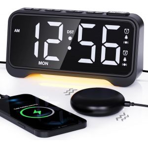 R&eacute;veil Tr&egrave;s Fort avec Vibration, R&eacute;veil Num&eacute;rique avec Grandes Chiffres, Double Alarme, Volume et Luminosit&eacute; R&eacute;glables, Veilleuse, Affichage du Jour, DST, USB &iquest; Id&eacute;al pour Sourds, Gros Dormeurs - Neuf