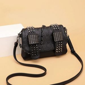 Vintage Marque Rivet Concepteur Sac De Messager Femmes &Eacute;paule Crossbdoy Sac Mode Cr&acirc;ne Punk Sac Dames Rabat Sacs &Agrave; Main.Black. - Neuf