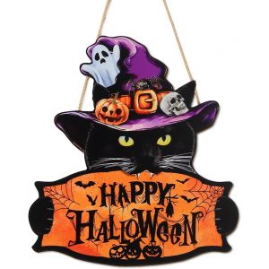 Trahoo-D&eacute;coration Murale En Bois Amusante Repr&eacute;sentant Un Chat, Chat Noir Avec Un Chapeau De Sorci&egrave;re D&eacute;coration De Porte D'entr&eacute;e Pour Halloween Plaque Murale En Bois - Neuf