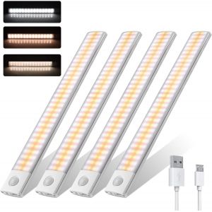4pcs Lampe Detecteur De Mouvement Interieur Lumiere Led Sans Fil Reglette Cuisine Escalier Sous Meuble Rechargeable Usb Placard Avec Détecteur Lumière Armoire Eclairage Réglette Intérieur 60led 30cm - Neuf