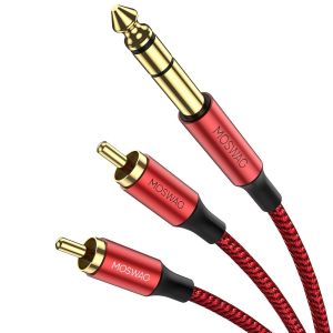 6,35mm à 2 RCA 5M, 6,35mm Mâle TRS à 2 RCA Mâle Adaptateur Audio Stéréo, Câble Plaqué Or Coquille Compatible avec Guitare électronique, Lecteur DVD, TV etc - Neuf