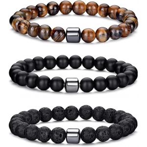Kal-Lot De 3 Bracelet Oeil De Tigre Homme, Bracelet Naturelle Perles En 8mm, Bracelet Pierres De Lave, Bijoux Femme Yoga &Eacute;quilibrage Reiki Bracelets Bracelet Pour Femme Et Homme Bracelet &Eacute;lastique - Neuf