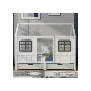 Lit de maison avec 2 tiroirs, lit simple, lit de jour, lit d'enfant avec 2 fen&ecirc;tres, cadre en pin, MDF, blanc (200x90cm) - Neuf
