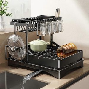 Egouttoir A Vaisselle Extensible En Acier Inoxydable, Detachable, A 2 Niveaux Et Grande Capacite, Noir, Pour Plan De Travail De Cuisine - Neuf