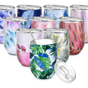 TIANYI-Verre à vin sans pied isotherme 350 ml en acier inoxydable à triple isolation avec couvercle, paille, garde au froid pour café, cocktails, plantes vertes - Neuf