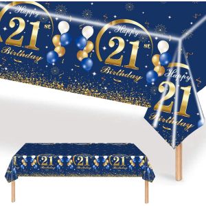 Eryi-21 Ans Nappe Anniversaire,Bleu Et Or Nappe Fête 21 Ans Anniversaire,137x274cm Nappe Happy 21st Birthday Couverture Rectangulaire Nappe Party De Table À Manger Cuisine Banquet - Neuf