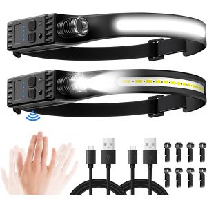 Lot De 2 Lampes Frontales Rechargeables, Super Lumineuses, Faisceau Large De 230 &deg;Et Mise Au Point R&eacute;glable Avec Indicateur De Niveau De Batterie, 7 Modes Avec D&eacute;tecteur De Mouvement,Lampe Frontale - Neuf