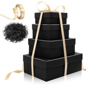 Lot De 4 Boîtes Cadeaux Carrées Avec Couvercles - En Carton À Empiler Avec N?Ud - Raffia - Pour Fête D'anniversaire, Mariage, Fête Des Mères - Tailles S, M, L, Noir - Neuf