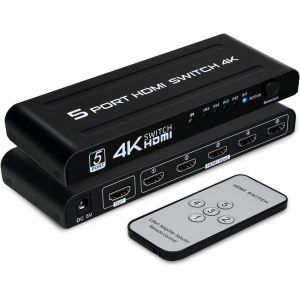4K Switch HDMI 5 entrées 1 Sortie, 5x1 Commutateur 5 Ports avec Télécommande Prise en Charge 4K UHD 3D, Multiprise pour TV DVD PS4 Xbox Lecteur Blu-Ray - Neuf