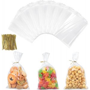 200 Pi&egrave;ces Sachet Transparent Avec Cravates,25 X 15 Cm Pour Bonbons Et Confiserie,Sac Cadeau Opp Pour Anniversaires Des Enfants - Neuf