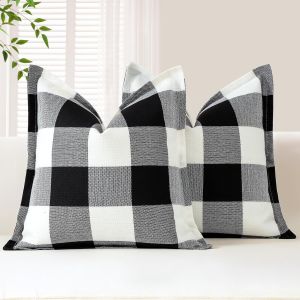 CAUC-Lot de 2 housses de coussin carr&eacute;es d&eacute;coratives &agrave; carreaux de buffle en lin avec bords cousus pour canap&eacute;, lit, salon, 50 x 50 cm (blanc et noir) - Neuf