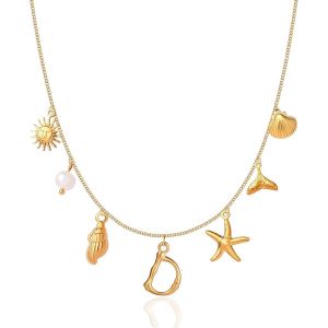 Kal-Colliers À Breloques Initiales Pour Femmes Et Filles, Colliers Plaqués Or 14 Carats Avec Lettres De A À Z, Coquillages, Bohème, Été, Coquillages, Alphabet - Neuf