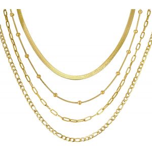 Collier Femme Acier Inoxydable - 4pcs Ensemble De Colliers Empil&eacute;s Cha&icirc;ne Plaqu&eacute; Or 14k - Cha&icirc;ne Serpent Chaine Figaro Collier R&eacute;glable Bijoux Tendance Cadeau Femme Mamie Amie Soeur - Neuf