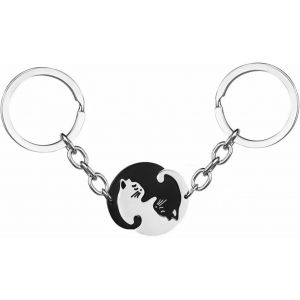 Kal-Porte-Cl&eacute;s De Couple En Acier Inoxydable, Rond Inox Avec Pendentif Puzzle Chat Noir Et Blanc, Un Porte-Cl&eacute;s Repr&eacute;sentant L'amour Ou L'amiti&eacute;, Un Cadeau Pour Lui/Elle, Argent, Normal - Neuf