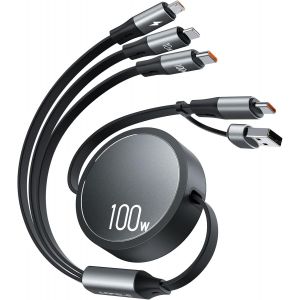 100W C&acirc;ble Multi Chargeur USB A/C,6 en 1/110CM Enrouleur C&acirc;ble,PD3.0 5A Cable Multi Embout Type C/Phone/Micro USB pour Phone 16,Phone 16 Pro Max,Phone 15 S&eacute;rie,MaBook,Pad,Galaxy,Huawei,Tablet - Neuf