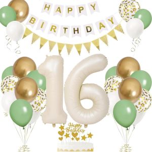 D&eacute;coration Anniversaire 16 Ans Beige, Cr&egrave;me Ballons Chiffre 16, Deco Anniversaire 16 Ans Fille Gar&ccedil;on, Ballon 16 Ans Vert Et Or, Kit Ballon Guirlande Vert Or Pour Anniversaire F&ecirc;te Parti D&eacute;corations - Neuf