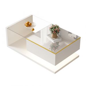Table basale table d'appoint laque brillant blanc, 90 cm de longueur avec verre et effet LED - Neuf